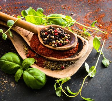wooden spoons with spices and herbs