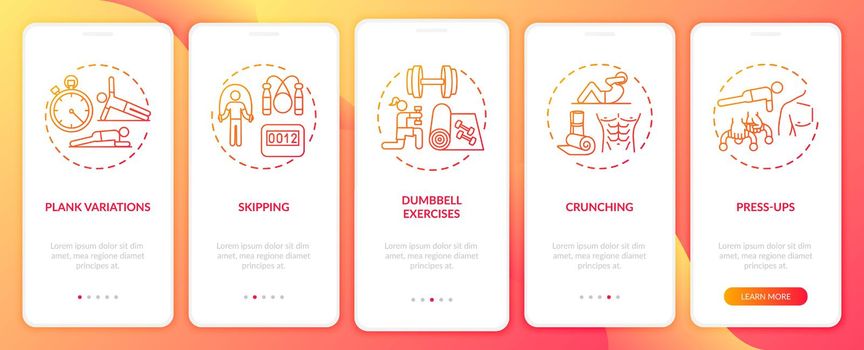Home physical activity onboarding mobile app page screen with concepts