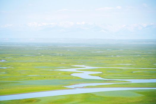 Winding rivers and meadows. Photo in Bayinbuluke Grassland in Xinjiang, China.