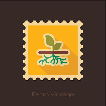Plant with roots retro flat stamp, garden