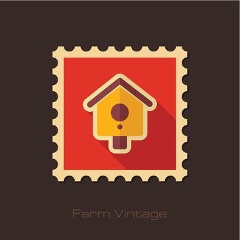 Nesting box, bird-house retro flat stamp with long shadow isolated, garden, eps 10
