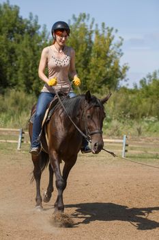 Horseback riding lessons - young woman riding a horse, vertical