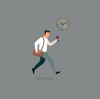 Journalist with microphone hurry up flat vector illustration. Interviewer, reporter running cartoon character. Breaking news, reportage recording concept. Male correspondent with mic and bag