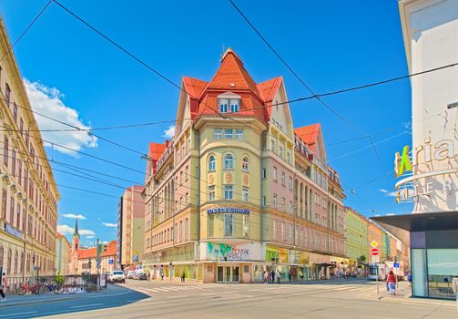 Graz - June 2020, Austria: View of the Roseggerhaus shopping mall