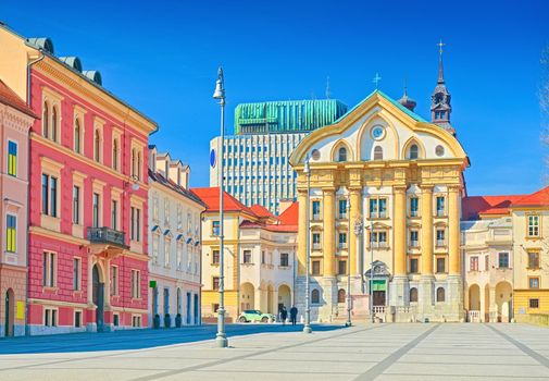 View of Congress Square and the Ursuline Church of the Holy Trinity in the central part of Ljubljana, Slovenia