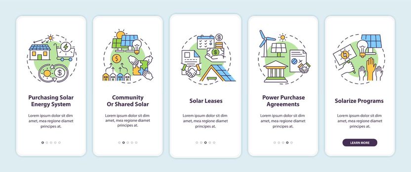 Using sunlight source of energy onboarding mobile app page screen with concepts