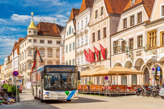 Steyr - June 2020, Austria: A modern bus is driving in the city center of Steyr