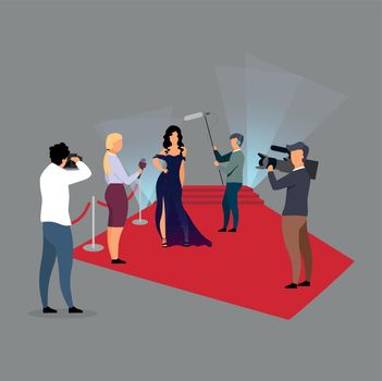 Red carpet ceremony reportage flat vector illustration. Journalists interviewing super star, celebrity cartoon characters. Reporters, paparazzi, photographers working at concert, festival concept