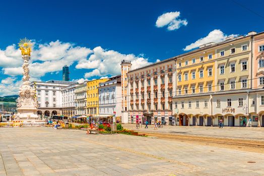 Linz - June 2020, Austria: View of the main square of Linz with colorful buildings in the traditional architectural style