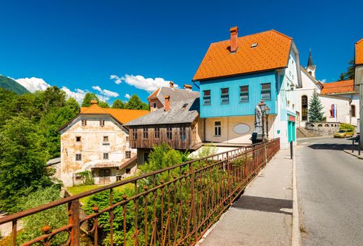 View of the Capuchin Bridge (Kamniti most) in the small Slovenian town of Škofja Loka, Slovenia. 