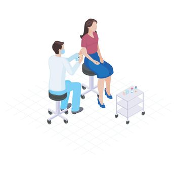 Vaccination flat color vector illustration. Immunization, inoculation, healthcare. Male doctor giving vaccine shot to female patient 3d concept. Physician in mask. Medicine and health