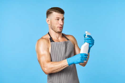 cleaner cleaning supplies service hygiene blue background housework. High quality photo