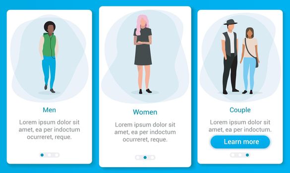 Multicultural group onboarding mobile app screen template. Adult population and gender ratio. Multiracial men, women, couples. Walkthrough website steps with flat characters. UX, UI, GUI interface