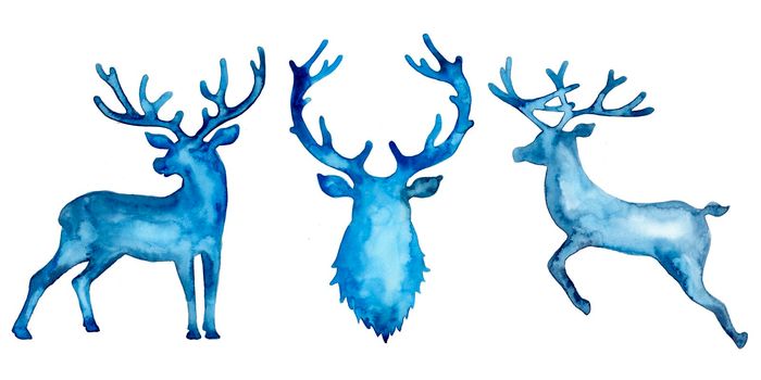 Watercolor silhouette set of deers: jumping deer and head in blue color. Animal painting. Stag and antler christmas illustration isolated on white. Decorative New Year symbol print, decor. Reindeer.