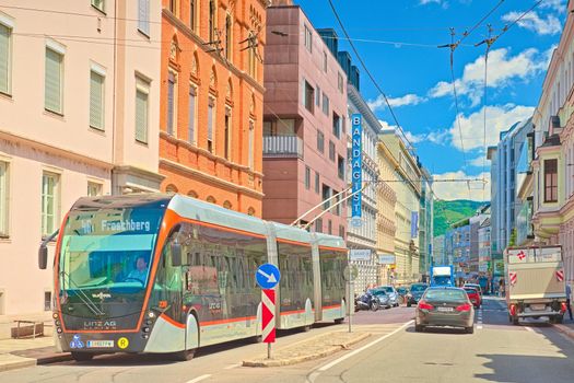 Linz - June 2020, Austria: View of a modern next-generation trolleybus on one of the streets of Linz