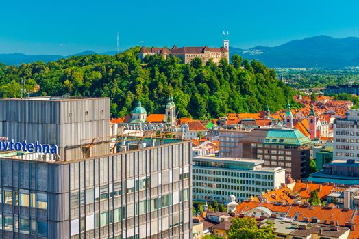 Ljubljana - July 2020, Slovenia: Aerial view of the central part of Ljubljana and the Ljubljana Castle