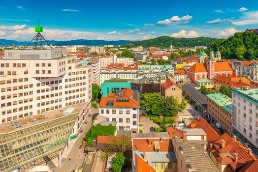 Aerial panorama of the center of Ljubljana on a summer evening, Slovenia