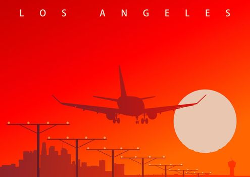 A commercial airliner landing at Los Angeles airport during the sunset. Original vector illustration, (not derivative)