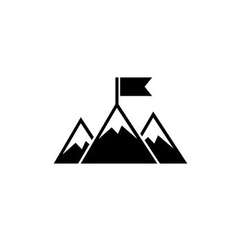Achievement Top Point Flag Goal on Mountain. Flat Vector Icon illustration. Simple black symbol on white background. Top Point Flag Goal on Mountain sign design template for web and mobile UI element.