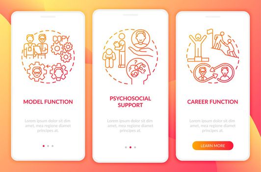 Model and career functions onboarding mobile app page screen with concepts