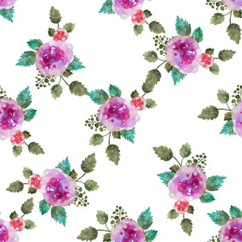 Vintage floral seamless pattern with pink rose flowers and leaf. Print for textile wallpaper endless. Hand-drawn watercolor elements. Beauty bouquets. Leaves green on white background. Female