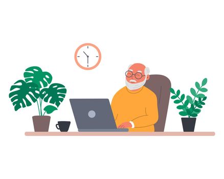 Cute happy grandpa with laptop communicates with his family at home, watches videos, studies online courses or makes purchases. Vector illustration in flat style