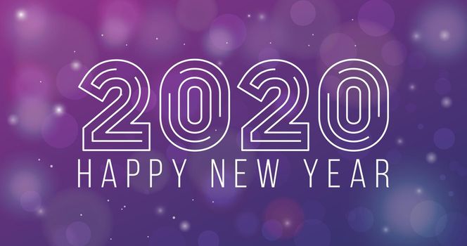 Happy new year 2020 shiny banner, card or wallpaper in lens flare pattern on purple background. Linear digits woth Editable Stroke. Vector illustration.