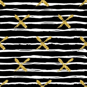 Modern seamless pattern with brush stripes and cross. White, gold metallic color on black background. Golden glitter texture. Ink geometric elements. Fashion catwalk style. Repeat fabric cloth print.
