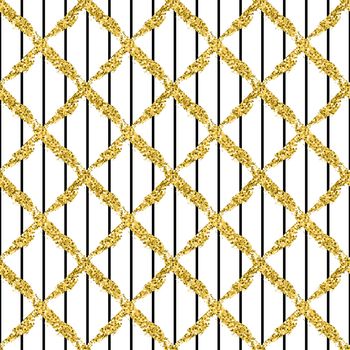 Modern seamless pattern with brush stripes plaid and cross. Black , gold metallic color on white background. Golden glitter texture. Ink geometric elements. Fashion catwalk style. Repeat fabric cloth