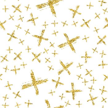 Modern seamless pattern with brush shiny cross. Gold metallic color on white background. Golden glitter texture. Ink geometric elements. Fashion catwalk style. Repeat fabric cloth print.
