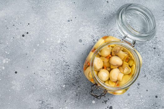 Pickled mushrooms champignons in a glass jar. Gray background. Top view. Copy space