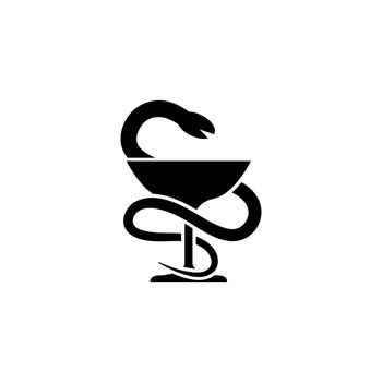 Medical Snake and Cup, Caduceus Pharma. Flat Vector Icon illustration. Simple black symbol on white background. Medical Snake Cup, Caduceus Pharma sign design template for web and mobile UI element.