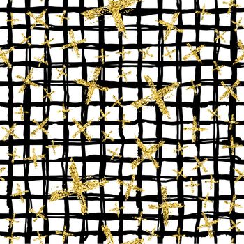 Modern seamless pattern with brush stripes plaid and cross. Black, gold metallic color on white background. Golden glitter texture. Ink geometric elements. Fashion catwalk style. Repeat fabric cloth