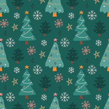 Christmas trees and snowflakes on green background, vector seamless pattern in flat style