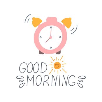 Ringing alarm clock with hand inscription Good morning, vector illustration in flat style