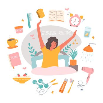Morning routine consists of coffee mug, an alarm clock, breakfast, daily planner, shower. The girl in the bed stretches with smile on her face. Vector illustration in flat style