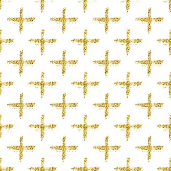 Modern seamless pattern with brush shiny cross. Gold metallic color on white background. Golden glitter texture. Ink geometric elements. Fashion catwalk style. Repeat fabric cloth print.