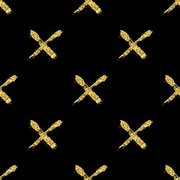 Modern seamless pattern with brush shiny cross. Gold metallic color on black background. Golden glitter texture. Ink geometric elements. Fashion catwalk style. Repeat fabric cloth print.
