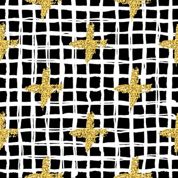 Modern seamless pattern with brush stripes plaid and cross. White, gold metallic color on black background. Golden glitter texture. Ink geometric elements. Fashion catwalk style. Repeat fabric cloth