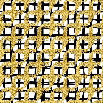 Modern seamless pattern with brush stripes plaid and cross. Black, gold metallic color on white background. Golden glitter texture. Ink geometric elements. Fashion catwalk style. Repeat fabric cloth
