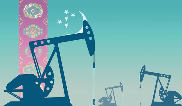 silhouette of oil pumps against flag of Turkmenistan. Extraction grade crude oil and gas. concept of oil fields and oil companies, hydrocarbon market, industry