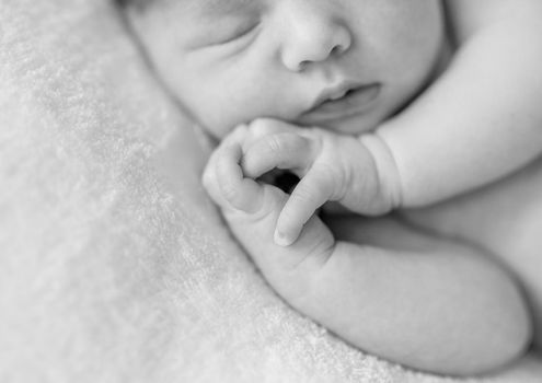 lovely sleepy face and hands of a newborn baby