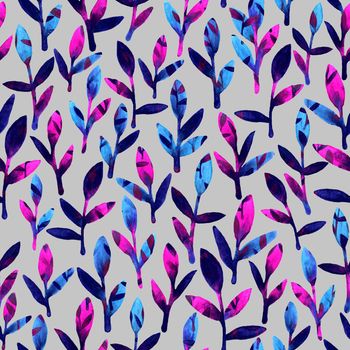 Simple and cute floral seamless pattern. Pink, blue and violet spring leaves hand painted with watercolor. Nature drawing leaf on grey background. Art bright backdrop wallpaper. Beautiful colors brush