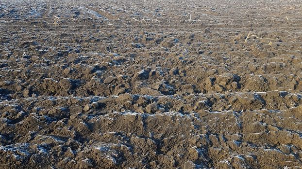 Agricultural field plowed by tractors. The field has been plowed, crops have been sown. Close up of soil texture. Rural scene. Farming and food industry. Arable land of chernozem.