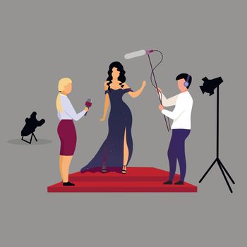 Journalists, reporters interviewing celebrity flat vector illustration. Interviewers with microphones asking movie star, female singer, famous person cartoon characters. Red carpet ceremony, concert
