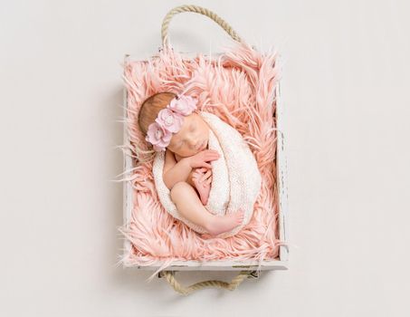 Baby girl on soft pink blanket, topview