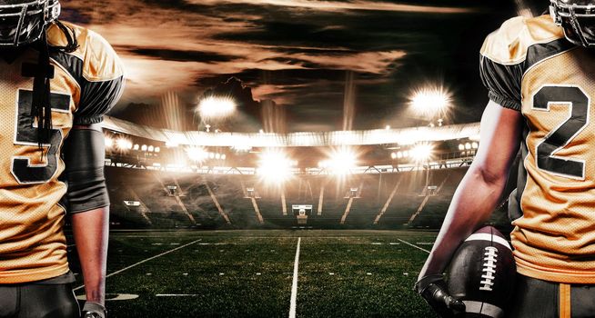 American football sportsman player on stadium running in action. Sports banner with copyspace.
