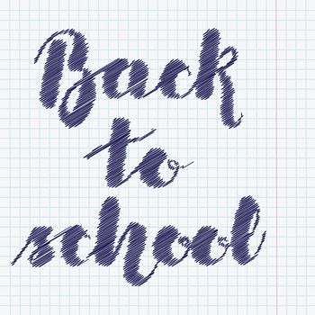 Lettering Back to school imitation pen on the copybook sheet in a cage. Vector illustration. EPS10.