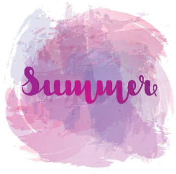 Summer lettering on background imitation watercolor spot purple color. Vector illustration. EPS10