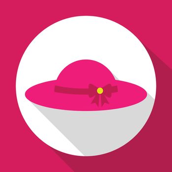 Sun hat pink color with bow. Flat icon with long shadow